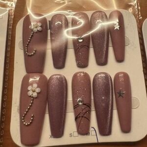 Press On Nails Mauve Flower Star Rhinestone‎ Coffin Long False Nails